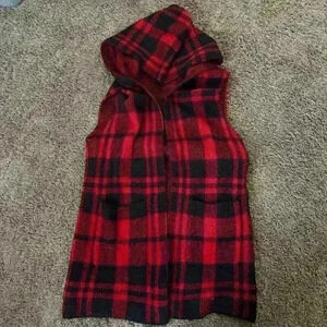 Classic Stylish Red & Black Plaid Acrylic Blend Hooded Vest - size Large